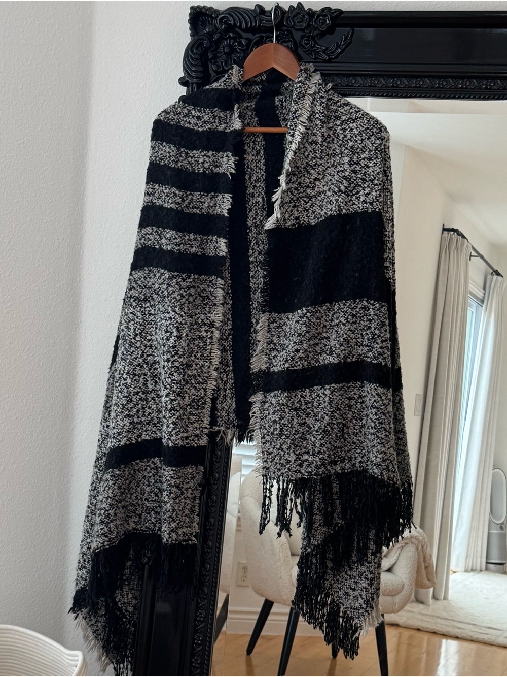 Ardene | Women's Black & Grey Striped Fringe Blanket Scarf